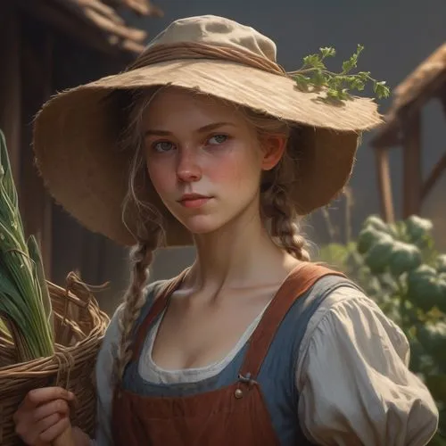 farm girl,woman of straw,homesteader,nelisse,farmer,countrywoman,farmhand,the hat-female,girl with bread-and-butter,milkmaid,countrywomen,liesel,the hat of the woman,woman's hat,homesteaders,pilgrim,townsfolk,girl in the garden,shepherdess,elizaveta,Conceptual Art,Fantasy,Fantasy 01