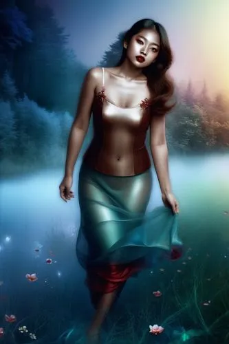 naiad,fantasy picture,polynesian girl,water nymph,amphitrite,water lotus,Illustration,Realistic Fantasy,Realistic Fantasy 37