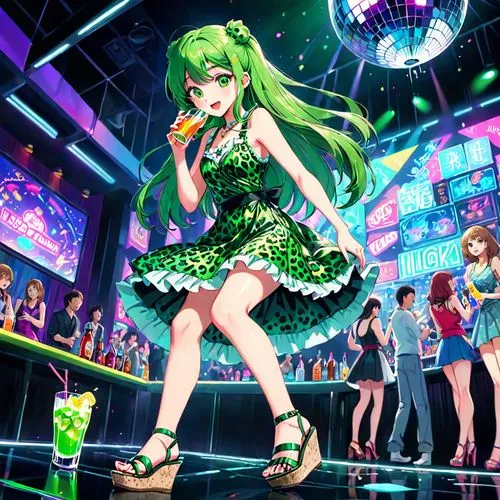 woman, long hair,  tight short green shiny leopard print  chemise, wedge sandals. in a night club she is holding a drink


She is acting silly and she is dizzy she feels light headed she is off balanc