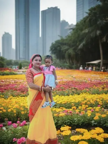 A vibrant garden of vibrant flowers spreads across the tranquil waters of Dadespur, surrounded by towering skyscrapers of different shapes and sizes. The delicate flowers bloom in rows, swaying gently