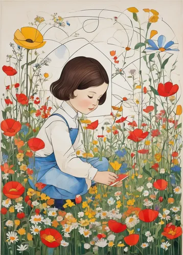 girl picking flowers,girl in flowers,flower painting,girl in the garden,kate greenaway,marguerite daisy,picking flowers,flower garden,marguerite,cosmos autumn,field of flowers,flower field,blanket of flowers,girl lying on the grass,meadow play,sea of flowers,meadow daisy,flower meadow,falling flowers,flower girl,Art,Artistic Painting,Artistic Painting 44