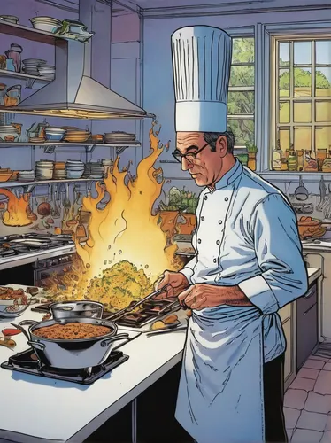 chef,cookery,food and cooking,men chef,cooking book cover,cooks,cooktop,cooking,cook,dwarf cookin,chef's uniform,chefs kitchen,cuisine classique,chef hat,kitchen fire,cook ware,red cooking,ratatouille,cooker,teppanyaki,Illustration,American Style,American Style 14