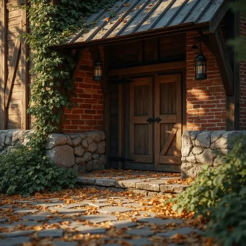 Rustic barn, academic style architecture, wooden structure, stone foundation, brick walls, corrugated metal roof, greenery climbing up walls, wooden door with iron hinges, lanterns hanging from ceilin