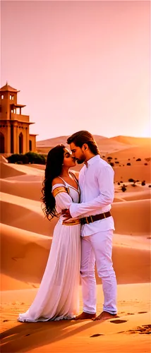 Romantic couple, embracing, kissing, love, tender moment, golden hour, warm sunlight, vast sandy dunes, Arabian desert, Middle Eastern architecture, majestic palace background, flowing white clothing,