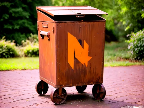 Waste bin, outdoor setting, rusty metal body, lid slightly ajar, worn-out wheels, morning dew, soft sunlight, 3/4 composition, shallow depth of field, warm color tone, cinematic lighting.,a brown meta