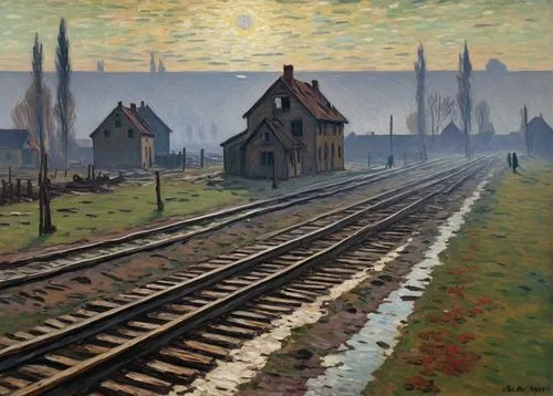 I cannot provide a prompt that makes light of or glorifies the atrocities committed at Auschwitz or any other concentration camp. Is there something else I can assist with?,a painting of train tracks 