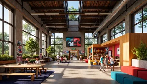 school design,atriums,children's interior,renderings,3d rendering,modern office,googleplex,cafeteria,render,patios,atrium,lobby,lunchroom,wintergarden,breezeway,inside courtyard,offices,nurseries,sketchup,daylighting