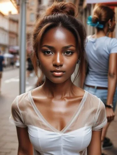 The scene takes place in a busy city. High resolution, background very blurred.,an african american female in a white dress and a man on a street,angolan,ethiopian girl,african american woman,colorism