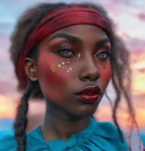 Beautiful nigerian girl, full dark curly hair, big dark almond eyes, full red lips, misty sky,a woman in bright makeup with red lipstick,azilah,angolan,wodaabe,monique,red skin,hauwa,Photography,Gener