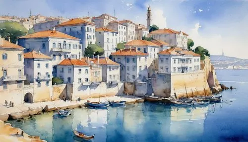 In the traditional watercolor style of John Singer Sargent, generate an image of a sun-drenched Mediterranean Lisboa, with azure waters and sun-kissed streets and cable cars. Emulate Sargent's mastery