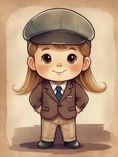 A cute boy about 2 years old, with long long hair, wearing a tailored suit, and wearing a flat cap, smiling,,detective,inspector,chibi girl,bowler hat,girl wearing hat,flat cap,cute cartoon character,