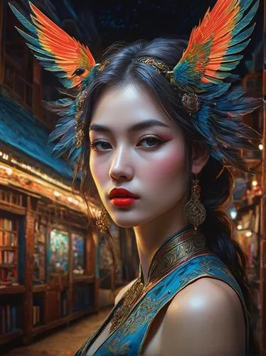 fantasy portrait,fantasy art,oriental princess,oriental girl,fantasy picture,geisha,mongolian girl,fairie,geisha girl,oriental painting,tengu,tretchikoff,fairy peacock,oriental,inner mongolian beauty,faery,asian woman,viveros,faerie,concubine,Illustration,Realistic Fantasy,Realistic Fantasy 44