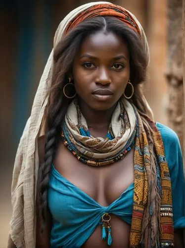 A long-haired West African beauty with breasts barely concealed by a scarf, dressed as a beggar girl.,african woman,senegambian,afar tribe,ethiopian girl,gambian,africaine,burkina,nubian,fulani,nigeri