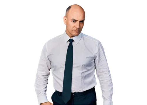 Half bald head, middle-aged man, receding hairline, thinning hair on top, messy side hair, facial stubble, prominent nose, wrinkles on forehead, serious expression, white shirt, black tie, formal wear