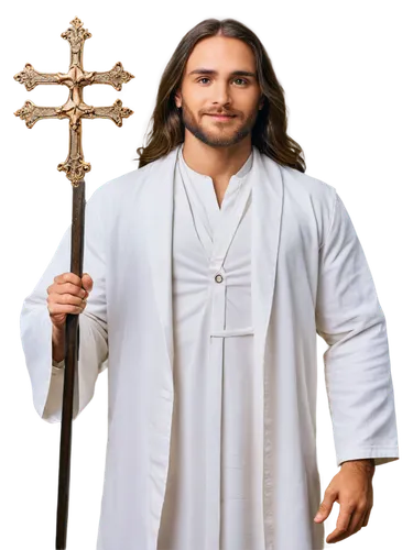 Jesus Christ, holy, divine, long white robes, golden halo, gentle eyes, kind smile, soft beard, holding cross, standing, sacred, ornate background, warm lighting, cinematic composition, shallow depth 