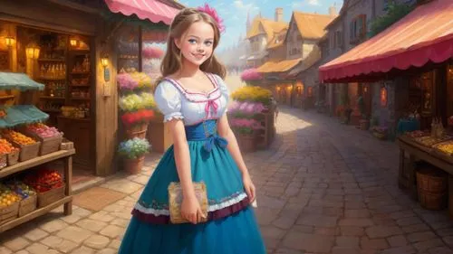 Romantic kitsch masterpiece oil painting, cute girl portrait, traditional village marketplace landscape, European bazaar scenery, by Thomas Kinkade, high res,dirndl,townsfolk,malon,innkeeper,townscape