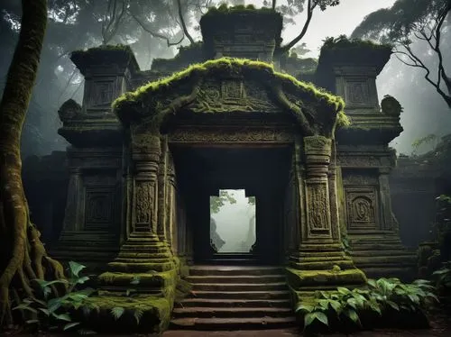 temples,ancient ruins,creepy doorway,ancient house,the mystical path,sanctum,ghost castle,mausoleum ruins,agumbe,asian architecture,mystical,ancients,indian temple,shrines,abandoned places,thai temple,ancient city,vipassana,ancient buildings,forest chapel,Illustration,Realistic Fantasy,Realistic Fantasy 36