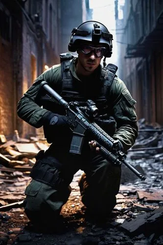 R6 Operator, male, muscular build, rugged facial features, short black hair, intense gaze, combat uniform, tactical gloves, assault rifle, night vision goggles, camouflage pants, boots, kneeling, aimi