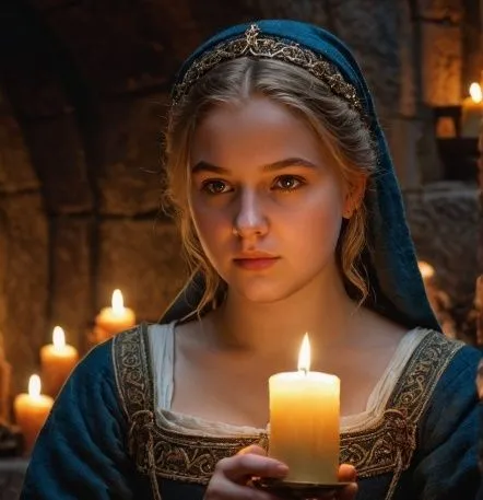 candle,young woman,middle ages,castle,dress