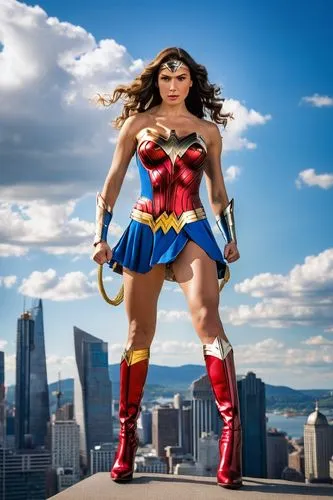 Wonder Woman, Supergirl, standing back-to-back, superhero pose, flowing curly brown hair, golden lasso of truth, blue and white costume, red boots, muscular legs, strong chest, confident facial expres