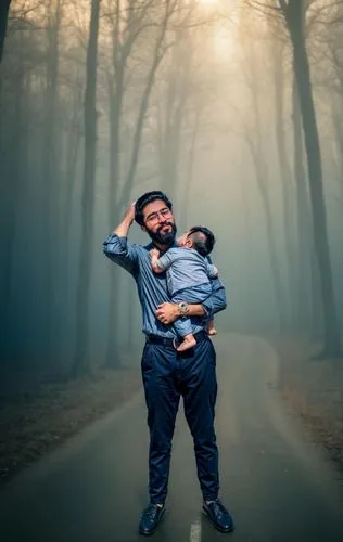 winter, foggy , blue tone, trees, realistic light , sun light,photographing children,childrearing,photoshop manipulation,photo manipulation,happy children playing in the forest,image manipulation,vent