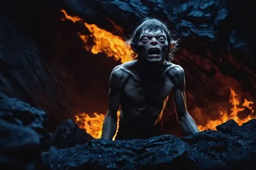 Dark cave, Gollum, solo, pale skin, thin body, long fingers, messy hair, glowing eyes, screaming, falling, lava, flames, smoke, intense heat, fiery light, rocky walls, steep cliff, misty atmosphere, d