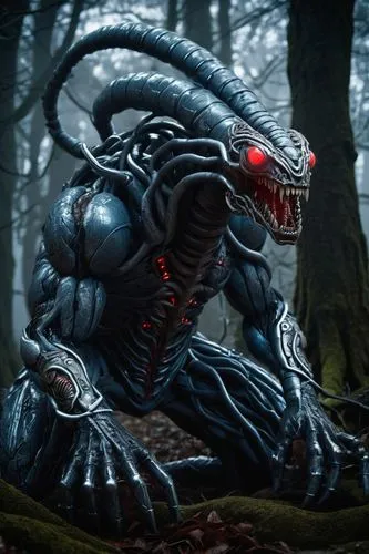 Giant dr-worm, fantasy creature, worm-like body, scaly texture, shimmering silver blue skin, glowing red eyes, sharp teeth, powerful muscles, curled up posture, ancient tree roots, misty forest floor,