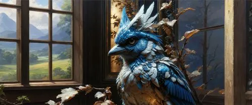 a bird with long feathers stands in front of a window,ravenclaw,bluejay,bluebird perched,blue bird,bluebird,bird painting