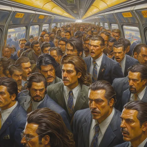 Make a meme that highlights the chaos of a Monday morning commute.,train of thought,the bus space,crowded,commute,men sitting,london underground,the train,commuting,public transportation,skytrain,trav