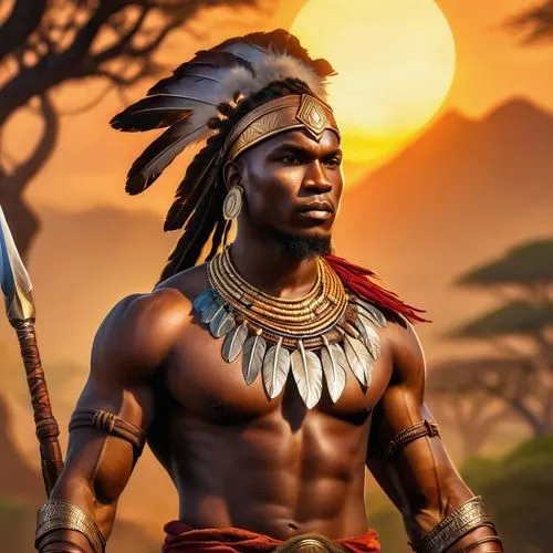 African warrior, muscular male, tribal marks, braided hair, fierce eyes, golden earrings, colorful beads necklace, animal skin loincloth, feathered headdress, shield, spear, bold stance, savannah back