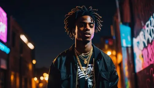 Young black male rapper, 24 years old, Playboi Carti style, trendy streetwear, bold gold chain, sleek afro hair, confident facial expression, microphone in hand, dynamic pose, urban cityscape backgrou