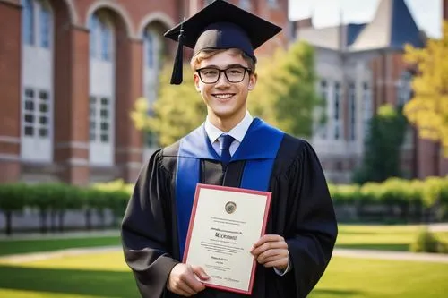 Degree in architecture, young adult, male, graduate, mortarboard, glasses, neat hair, formal wear, suit, tie, holding diploma, standing, proud smile, university campus, modern buildings, greenery, sun