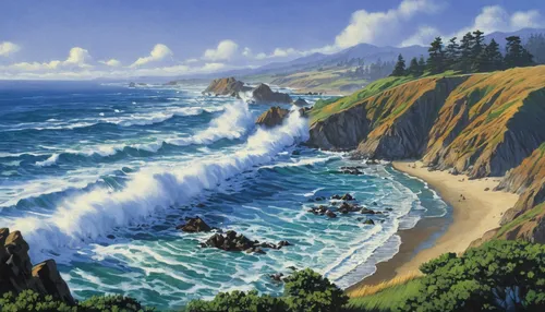 coastal landscape,beach landscape,cliffs ocean,pacific coastline,coastal and oceanic landforms,mountain beach,sea landscape,landscape with sea,cliff beach,cliff coast,rocky coast,the pacific ocean,seascape,ocean waves,dolphin coast,beach scenery,beach erosion,seascapes,sand coast,pacific,Illustration,Retro,Retro 14