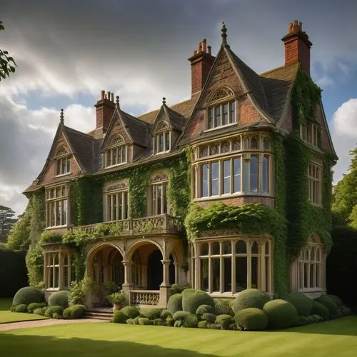 Stutchbury architecture, Victorian-era inspired, ornate facade, intricate stone carvings, grand entrance, arched windows, dormer windows, steeply pitched roofs, chimney stacks, brick and mortar walls,