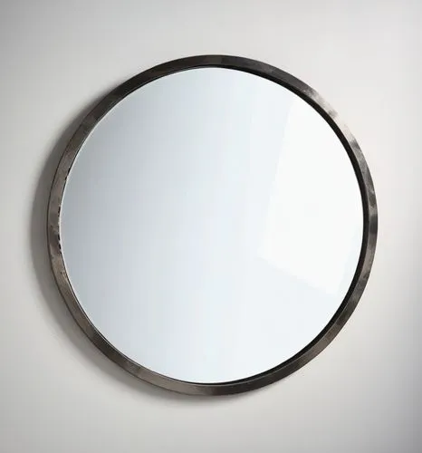 A mirror frame made of metal with a crack in middle of different shapes,an oval mirror is on the wall next to it,circle shape frame,round frame,exterior mirror,parabolic mirror,wall light,foscarini