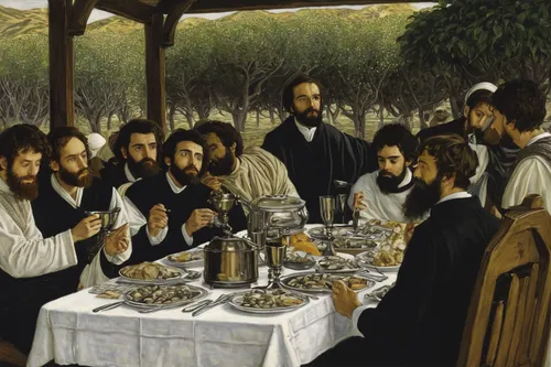 """Meal of Our Lord and the Apostles"" -- by James Tissot.jpg",holy supper,pesach,last supper,christ feast,mitzvah,jewish cuisine,torah,kosher food,soup kitchen,holy communion,passover,long table,dinn