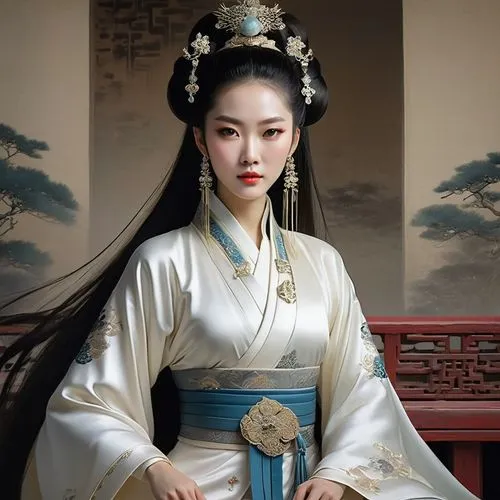 Chinese imperial palace of the Qin dynasty, on the throne sits a very beautiful charming Chinese woman with beautiful expressive eyes, beautiful thin lips, beautiful long hair, a martial artist, dress