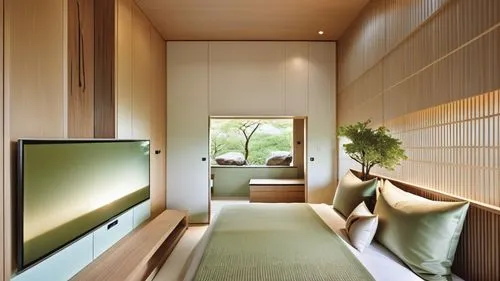 This design shows the spring Japanese style hot spring hotel that combines Japanese style with Puli culture. It uses white oak and milk tea colors, combined with soft green, making the overall space f