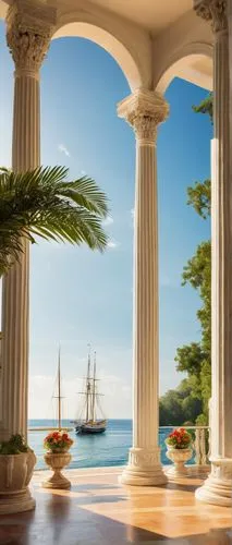 CAC architecture, ancient Greek style, temple-like building, white marble columns, ornate carvings, grand staircase, reflective pool, surrounding lush greenery, vibrant flowers, sunny day, clear blue 