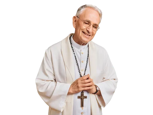 Catholic priest, holding rosary, white robe, golden cross, gentle smile, wise eyes, wrinkled hands, praying, soft lighting, warm color tone, shallow depth of field, 3/4 composition, cinematic lighting