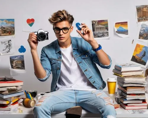 Creator, young adult, male, stylish hair, trendy glasses, casual wear, denim jacket, white t-shirt, ripped jeans, sneakers, holding a camera, relaxed posture, leaning on a desk, YouTube logo in the ba