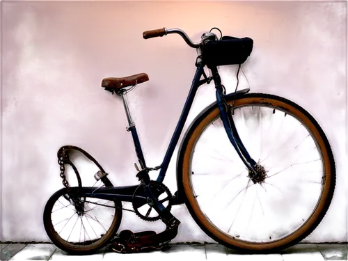 Free bicycle, summer scene, vintage bike, rusty chain, worn-out saddle, white wall tire, metal pedal, relaxed pose, leaning on a wall, soft focus, warm lighting, 3/4 composition, shallow depth of fiel