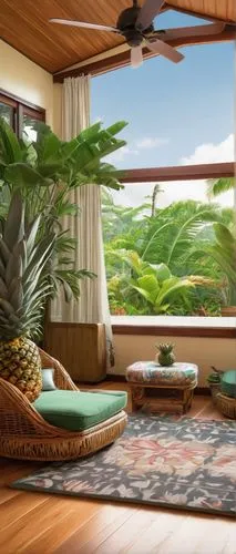 tropical house,sunroom,cabana,verandah,verandahs,lanai,holiday villa,cabanas,palmilla,kanaloa,tropical island,verandas,veranda,palm leaves,pantropical,home interior,houseplant,tropics,coconut palm tree,tropical beach,Illustration,Paper based,Paper Based 01