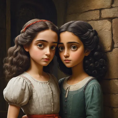 two girls,sisters,little girls,gothic portrait,mother and daughter,children girls,princesses,little girl and mother,lilo,little boy and girl,young couple,young women,mom and daughter,porcelain dolls,romantic portrait,lindos,two friends,little angels,doll looking in mirror,boy and girl,Art,Artistic Painting,Artistic Painting 29