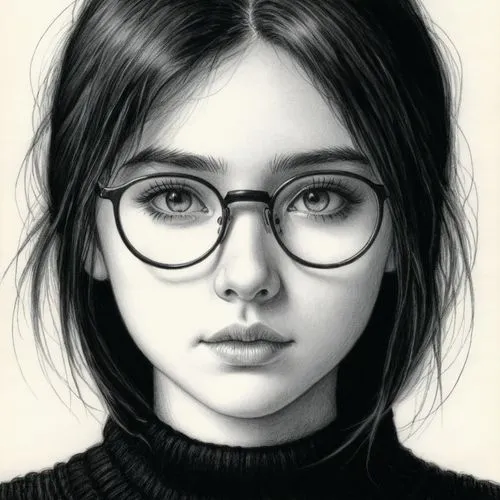 girl portrait,girl drawing,nabiullina,portrait of a girl,with glasses,glasses,Illustration,Black and White,Black and White 13