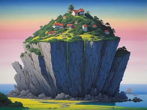 studio ghibli,mushroom island,islet,floating island,summit castle,an island far away landscape,flying island,the island,island suspended,rice mountain,island,split rock,japan landscape,island of juist,islands,delight island,archipelago,uninhabited island,shirakami-sanchi,castel,Illustration,Japanese style,Japanese Style 20