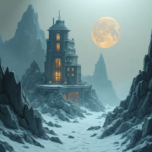 winter house,snow house,lunar landscape,ice castle,fantasy landscape,ravenloft,witch's house,lonely house,ghost castle,fantasy picture,snowhotel,dreamhouse,moonlit night,moonbase,winter night,moonscape,icewind,witch house,peter-pavel's fortress,snow globe,Unique,Paper Cuts,Paper Cuts 10