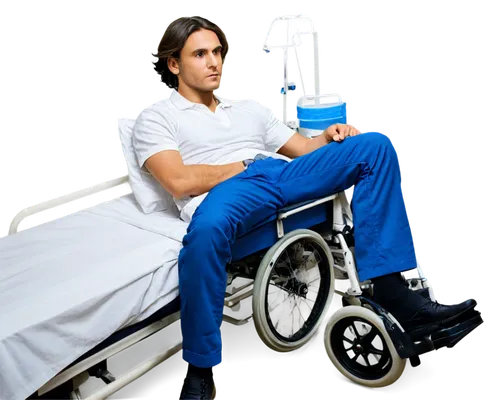 Male patient, hospital bed, white shirt, blue pants, wheelchair nearby, half-paralyzed body, weak facial expression, IV drip, medical equipment, sterile hospital atmosphere, soft lighting, 3/4 composi