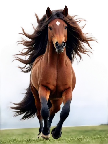 Wild horse, galloping, majestic, untamed, brown coat, flowing mane, strong muscles, free spirit, open plain, green grass, cloudy sky, dramatic lighting, cinematic composition, shallow depth of field, 