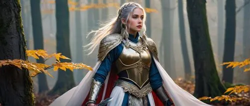 Anime warrior princess, 18yo, long silver hair, braided ponytail, blue eyes, bold eyebrows, flushed cheeks, red lips, delicate nose, ornate armor, golden accents, white cloak, sword on back, confident